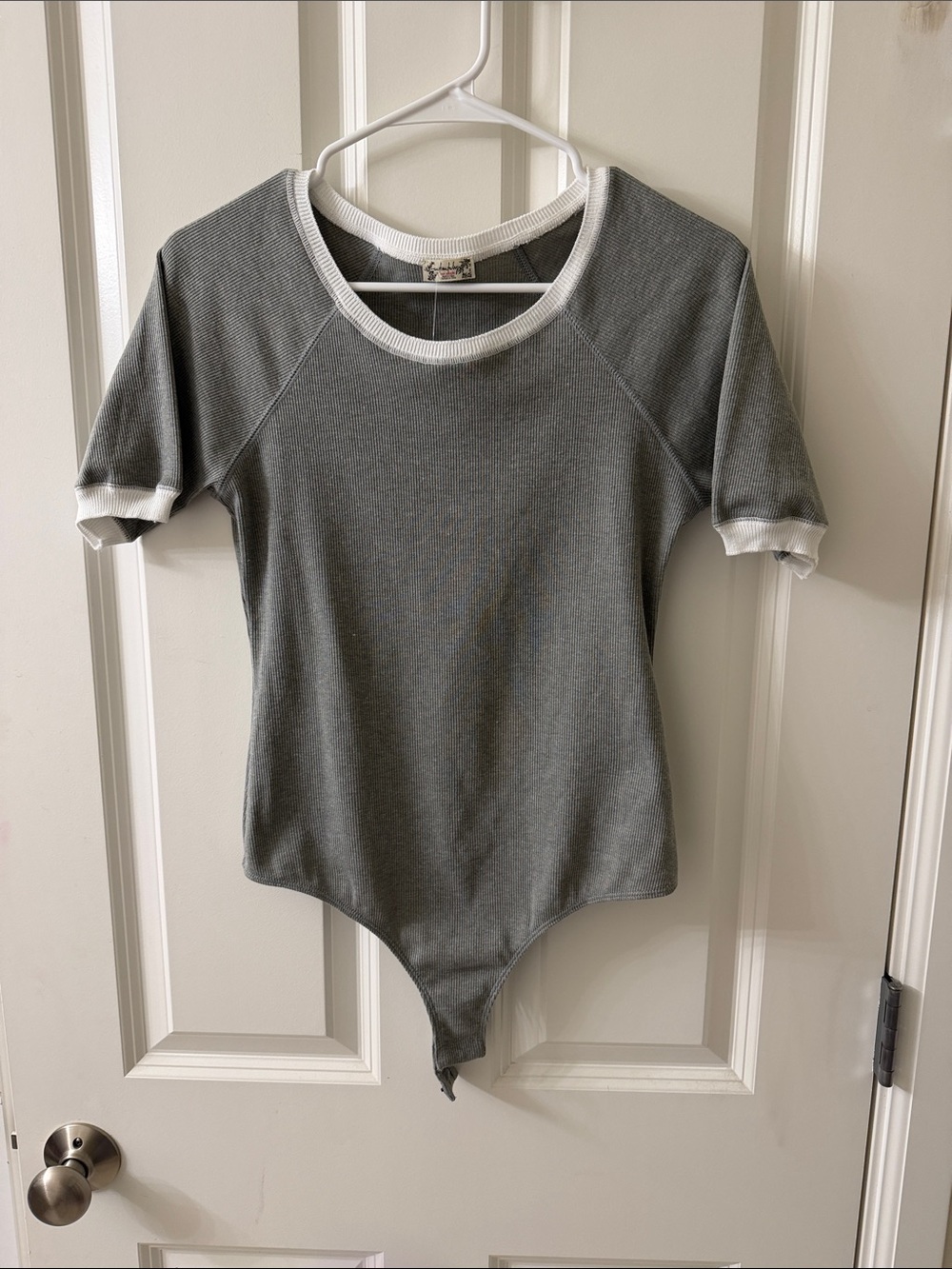 Free People Gray Ribbed Short Sleeve Bodysuit with White Trim